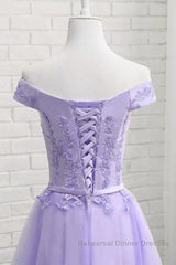 Off Shoulder Purple Lace Short Semi Formal Prom Dresses, Lilac Lace Homecoming Dresses, Short Purple Formal Evening Dresses