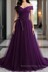 Off Shoulder Purple Tulle Long Semi Formal Prom Dresses, Off the Shoulder Purple Formal Dresses, Purple Evening Dresses