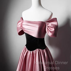 Off Shoulder Satin Scoop A-Line Long Party Dress, Pink And Black Semi Formal Prom Dress Evening Dress