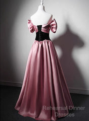 Off Shoulder Satin Scoop A-Line Long Party Dress, Pink And Black Semi Formal Prom Dress Evening Dress