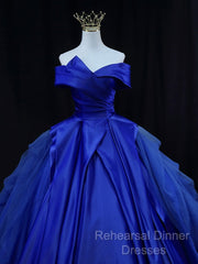Off Shoulder Tulle Satin Blue Long Semi Formal Prom Gown, Blue Long Evening Dress
