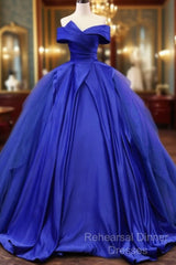 Off Shoulder Tulle Satin Blue Long Semi Formal Prom Gown, Blue Long Evening Dress