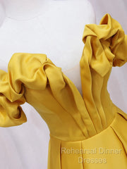 Off Shoulder V Neck Yellow Satin Long Semi Formal Prom Dresses, Off The Shoulder Yellow Formal Dresses, Yellow Evening Dresses