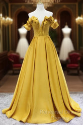 Off Shoulder V Neck Yellow Satin Long Semi Formal Prom Dresses, Off The Shoulder Yellow Formal Dresses, Yellow Evening Dresses
