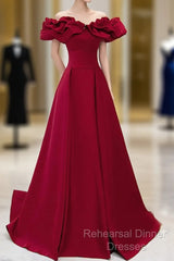 Off Shoulder Wine Red Sweetheart Long Party Dress, Wine Red Semi Formal Prom Dress Evening Dress