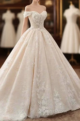 Off The Shouder Ball Gown Champagne Floral Wedding Dress