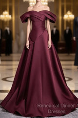 Off The Shoulder A-Line Satin Ruched Floor Length Semi Formal Prom Dress