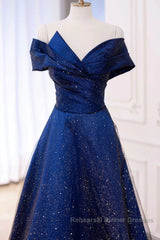 Off the Shoulder Blue Long Semi Formal Prom Dresses, Off Shoulder Long Formal Evening Dresses
