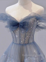 Off The Shoulder Blue Tulle A Line Long Semi Formal Prom Dress