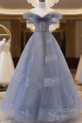 Off The Shoulder Blue Tulle A Line Long Semi Formal Prom Dress