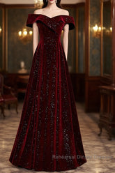 Off The Shoulder Burgundy Long Semi Formal Prom Dresses, Burgundy Off Shoulder Long Formal Evening Dresses