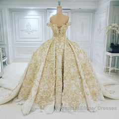 Off the shoulder Golden Lace Appliques Formal Ball Gown Wedding Dresses