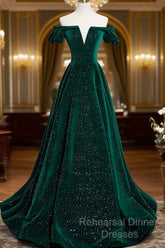 Off The Shoulder Green Black Long Semi Formal Prom Dresses, Off Shoulder Green Black Formal Evening Dresses