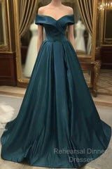 Off The Shoulder Green Long Satin Semi Formal Prom Dress