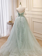 Off The Shoulder Green Tulle Long Semi Formal Prom Dresses