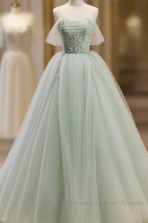 Off The Shoulder Green Tulle Long Semi Formal Prom Dresses, Green Long Formal Evening Dresses