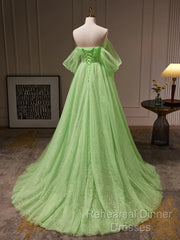 Off The Shoulder Green Tulle Long Semi Formal Prom Dresses, Off Shoulder Green Long Formal Graduation Dresses