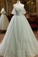 Off The Shoulder Green Tulle Long Semi Formal Prom Dresses