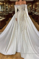 Off-the-Shoulder Long Sleeves Mermaid Wedding Dresses Pearls With Detachable Train