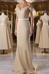 Off the Shoulder Mermaid Champagne Lace Long Semi Formal Prom Dresses, Off Shoulder Mermaid Champagne Formal Graduation Evening Dresses, Mermaid Champagne Lace Bridesmaid Dresses