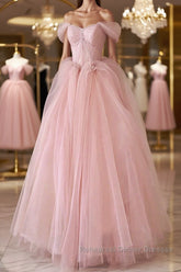 Off the Shoulder Pink Tulle Semi Formal Prom Dresses, Pink Tulle Long Formal Graduation Dresses