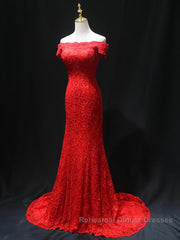 Off the Shoulder Red Mermaid Lace Semi Formal Prom Dresses, Red Mermaid Lace Formal Bridesmaid Dresses