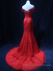 Off the Shoulder Red Mermaid Lace Semi Formal Prom Dresses, Red Mermaid Lace Formal Bridesmaid Dresses