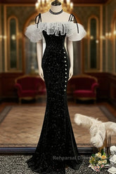 Off The Shoulder Shiny Black Mermaid Semi Formal Prom Dresses, Off Shoulder Shiny Black Long Formal Evening Dresses