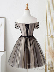 Off The Shoulder Short Black Floral Semi Formal Prom Dresses, Short Black Floral Graduation Homecoming Dresses