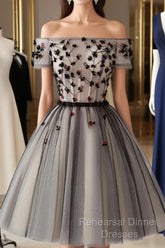 Off The Shoulder Short Black Floral Semi Formal Prom Dresses, Short Black Floral Graduation Homecoming Dresses