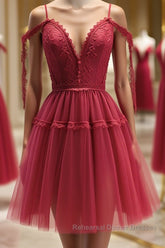 Off the Shoulder Short Burgundy Lace Semi Formal Prom Dresses, Wine Red Short Lace Formal Graduation Dresses