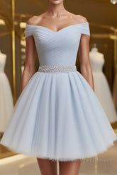 Off the Shoulder Short Gray Semi Formal Prom Dresses with Coset Back, Short Beaded Gray Graduation Homecoming Dresses