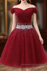 Off The Shoulder Tulle Red Short Semi Formal Prom Dresses Lace Up