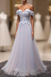Light Blue Tulle Lace Long Semi Formal Prom Dress, Lace Evening Dress