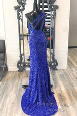 One Shouder Royal Blue Semi Formal Prom Dresses Long Sequin Evening Dress