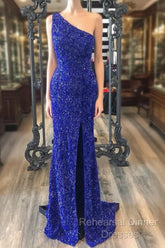 One Shouder Royal Blue Semi Formal Prom Dresses Long Sequin Evening Dress
