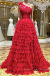 One Shoulder A-Line Tulle Burgundy Long Semi Formal Prom Dresses, Burgundy Graduation Dresses