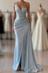 One shoulder blue Semi Formal Prom dress in mermaid pleats