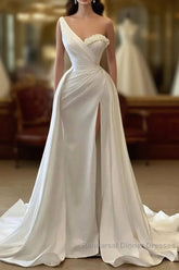 One Shoulder Charmeuse White Wedding Dress With Beadings Sleeveless Floor Length Elegant