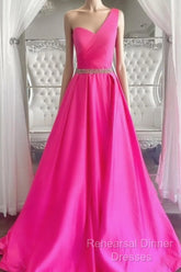 One Shoulder Hot Pink Semi Formal Prom Dresses, Hot Pink One Shoulder Formal Evening Dresses