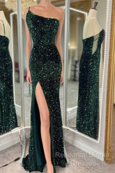 One Shoulder Long Emerald Green Semi Formal Prom Dress Mermaid Sequin