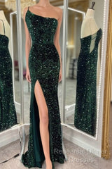 One Shoulder Long Emerald Green Semi Formal Prom Dress Mermaid Sequin