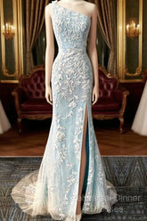 One Shoulder Mermaid Split Lace Semi Formal Prom Dresses