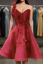 One Shoulder Open Back Burgundy Floral Short Semi Formal Prom Dresses, Wine Red Floral Formal Evening Homecoming Dresses