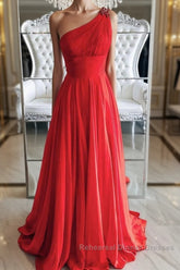 One Shoulder Open Back Red Long Semi Formal Prom Dresses, Backless Red Formal Graduation Evening Dresses