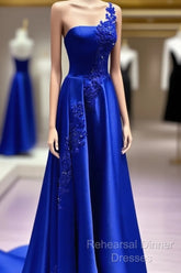 One Shoulder Satin Floor Length Semi Formal Prom Dresses Appliques
