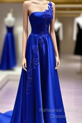 One Shoulder Satin Floor Length Semi Formal Prom Dresses Appliques