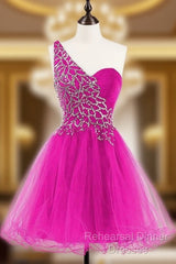 One Shoulder Tulle Homecoming Dresses Short Semi Formal Prom Dresses With Beading