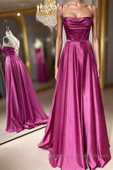 Open Back Fuchsia Satin Ruched Long Semi Formal Prom Dresses, Long Fuchsia Formal Graduation Evening Dresses