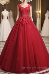 Open Back Red Lace Long Semi Formal Prom Dresses, Red Lace Formal Evening Dresses, Red Ball Gown